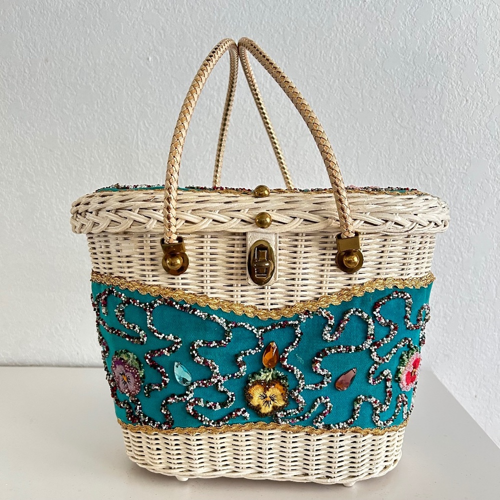 Vintage Wicker Handbag Midas-of-Miami 1950's white, velvet, rhinestones, flower